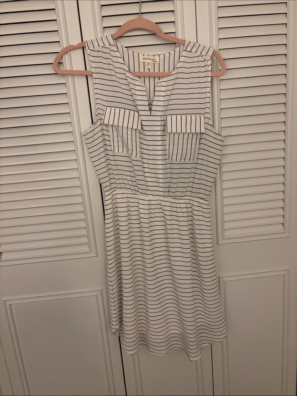 Monteau White Dress with Navy Stripes - Sleeveless Mini